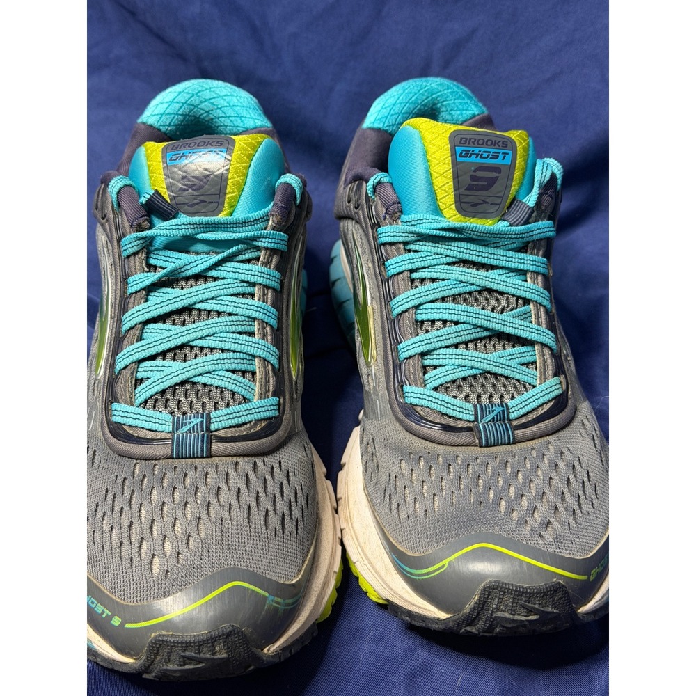 Brooks Ghost 9 Womens Running Shoes Grey Blue Lime 1202251B151 Size 8